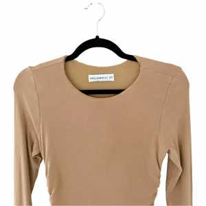HELLO MOLLY Ribbed Knit Bodycon Ruched Tan Brown Midi Dress Sz M thumbnail 5