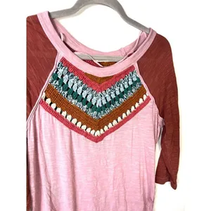 Free people spring bound crochet raglan‎ 3/4 sleeve top women's XS thumbnail 3