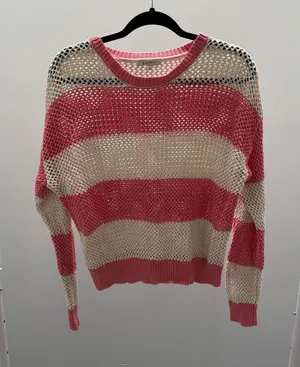 Z Supply Pink & Cream Broadbeach Striped Open-Knit Crewneck Sweater thumbnail 1