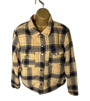 Lucky Brand Plaid Flannel Shacket Sherpa Lined Snap Front Tan Black Gray M thumbnail 1