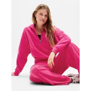 New Athleta M Easy Fleece 1/2 Zip Hoodie Dahlia Pink Medium #473713 thumbnail 2