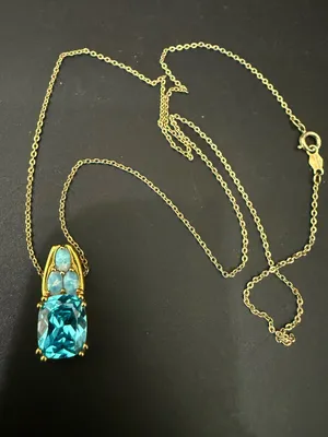 925 Sterling Gold Vermeil Cushion Cut Blue Topaz Gemstone Opal Pendant Necklace thumbnail 11