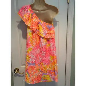 Lilly Pulitzer One Shoulder Ruffle‎ Dress Pink Neon Tropical Shift Small Coastal thumbnail 4