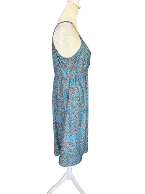 Women's blue and brown summer dress with pockets decorative gold rings size L thumbnail 3