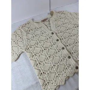 Willow & Root Diamond Pointelle Cardigan Sweater Cream Sz M Cottagecore Boho Top thumbnail 6