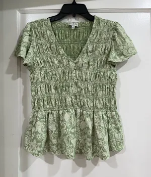 Wonderly Sage Green Smocked Peplum Blouse thumbnail 1