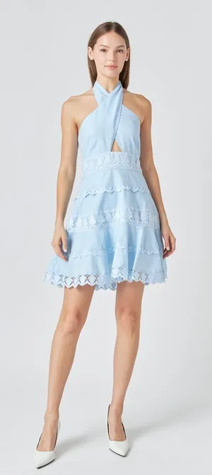 HALTER NECK LACE linen-cotton blend TRIM DRESS Size Medium thumbnail 1