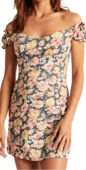 ABERCROMBIE & FITCH A&F Off the Shoulder Corset Mini Dress Blue Pink Etc Floral thumbnail 1