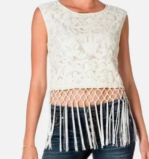 Sleeveless Lace Top W\Fringe Trim Color White Size M NWT thumbnail 1