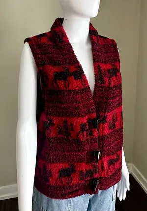 Vintage Woolrich CabinCore Red + Black Winter Print Fleece Vest Toggle Closure thumbnail 1