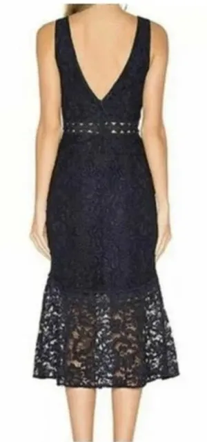 Bardot Fiona Lace Trumpet Midi Dress , Cocktail Sheath Flounce Sleeveless Navy thumbnail 1
