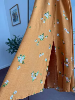 ASTR The Label Mustard Floral Ruched Midi Slip Dress Size S Tie Front Summer thumbnail 7