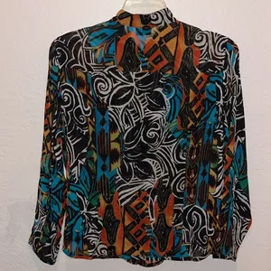 Chicos Womens Abstract 100% Silk Blouse Size 2/Large Multicolored Sheer Picasso thumbnail 7