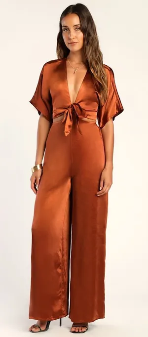 Lulus | Flirt For Fun Rust Brown Tie-Front Two-Piece Wide-Leg Jumpsuit, XS thumbnail 1