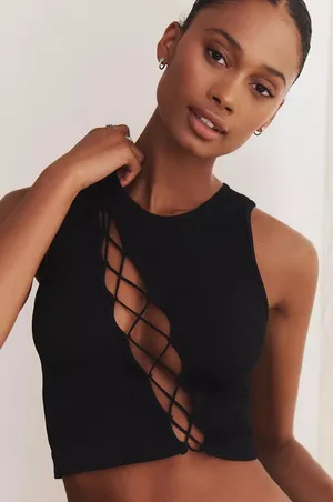 Anthropologie NWT Black The Reegan Seamless Lace-Up Ribbed Cropped Tank Size XXS/XS thumbnail 1