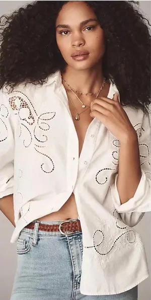 NWT By Anthropologie White Button Up Eyelet Blouse Floral Breezy Spring Size M thumbnail 1