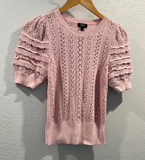Express Pink Puff Sleeve Blouse with Ruffled Ribbed Design thumbnail 1