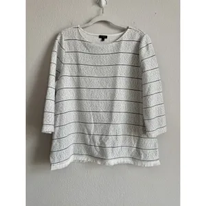 Talbots Women's Size Large 3/4 Sleeve Fringe Hem Sweater Top White Black Stripes thumbnail 6