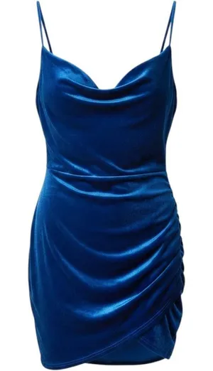 Royal Blue Velvet Cowl Neck Mini Dress Ruched Asymmetrical‎ Tulip Hem Cocktail thumbnail 1