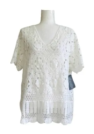 Roamans Top Sweater White French Crochet Short Sleeve Cotton Top Plus 18/20 NEW thumbnail 1