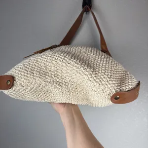 Lucky Brand Ivory Cotton‎ Crochet Leather Trim Boho Hobo Shoulder Bag Purse Tote thumbnail 7