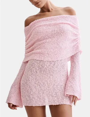 Meshki Marisol Off Shoulder Boucle Mini Dress Baby Pink XS Bell Sleeve New thumbnail 1