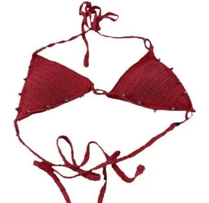 SM Salmon pink crochet triangle bikini top thumbnail 1