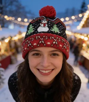 Christmas Themed Pom Beanie Black thumbnail 1