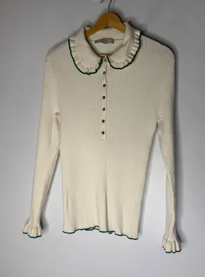 LOFT Womens XL Ribbed Knit Ruffle Peter Pan Collar Button Sweater Cream Green thumbnail 1