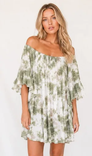 Feathers Olive Tie Dye Boho Mini Dress Flowy Romantic Cottagecore Festival Flowy thumbnail 1