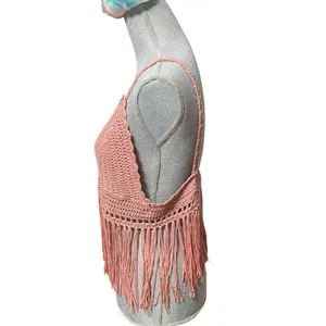 POL Crochet Fringe Crop Top Bralette – Boho Festival Tank, Dusty Rose Pink, Sz L thumbnail 3