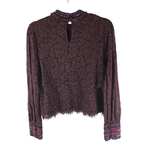 Blank London Womens Top Blouse Lace Embroidered Sequin High Neck Burgundy M thumbnail 3