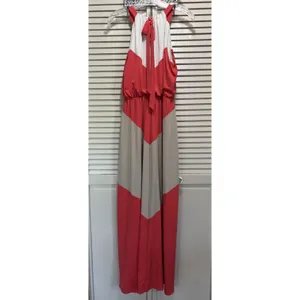 Vince Camuto Coral/Tan Chevron Halter Maxi Dress Size 4‎ Tie Back Elastic Waist thumbnail 5