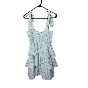 Cider‎ Blue Floral Tiered Mini Dress White Lace Up Corset Tie Shoulder Medium thumbnail 8