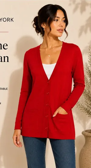 Jones New York Collection Red Longline Cardigan Size S Button Front Pockets thumbnail 1