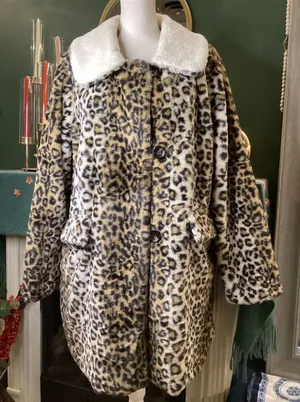 Steve Madden Leopard Print Faux Fur Coat‎ with Sherpa Collar Tan White XL thumbnail 1