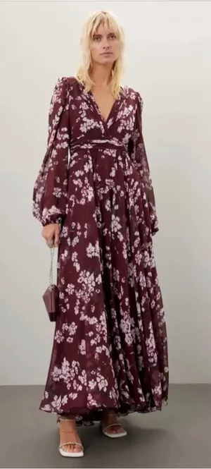 Mac Duggal Floral Chiffon maxi Gown v neck dress size 6 thumbnail 1