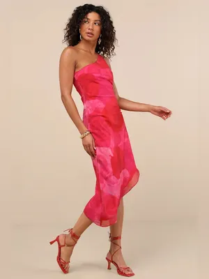 Lulus Pretty Serene Pink Floral One-Shoulder Asymmetrical Midi Dress Size XS NWT thumbnail 2