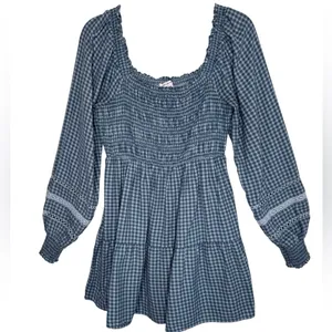 American Eagle Plaid Mini Dress Smocked Long Sleeve Square Neck Gingham Babydoll thumbnail 2