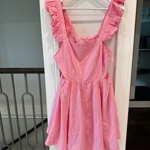 &merci Pink Ruffle Strap Back Tie Mini Dress – Size L, NWT thumbnail 2