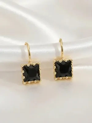 Gold Drop Earrings with Black Square Gemstones thumbnail 3