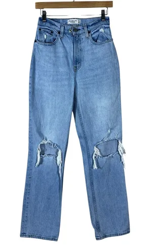 Abercrombie & Fitch The 90s Straight Distressed Jeans Light Blue Denim Size25/0S thumbnail 1