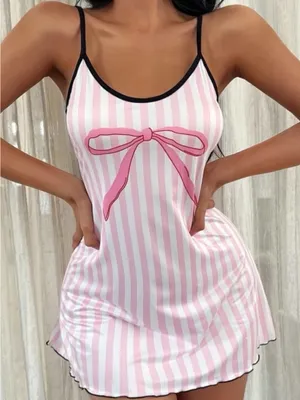 Women’s Pink Striped Bow-Print Slip Nightgown NWT thumbnail 1