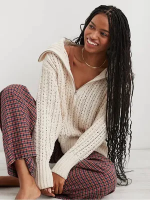 Aerie Cable Car Quarter Zip Sweater Toasted Coconut Chenille Pullover Size XS thumbnail 1