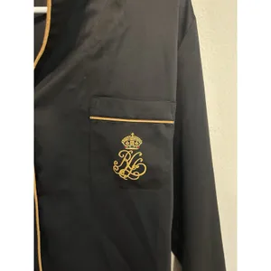 Lauren Ralph Lauren Black Satin Pajama Top Size Medium Printed Pipe Top Preppy thumbnail 3
