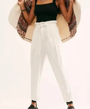 Free People Margate Pleated Paperbag Waist Zinc‎ White Trouser Pants thumbnail 1