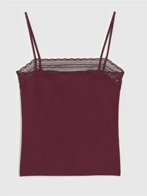 Madewell 90s Camisole Womens Small Ribbed Lace Spaghetti Strap Burgundy Top thumbnail 5