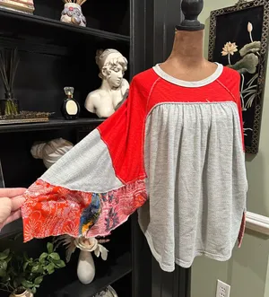 Free People We The Free “Friday Fever” Thermal Top in Red + Grey with Patterned thumbnail 1
