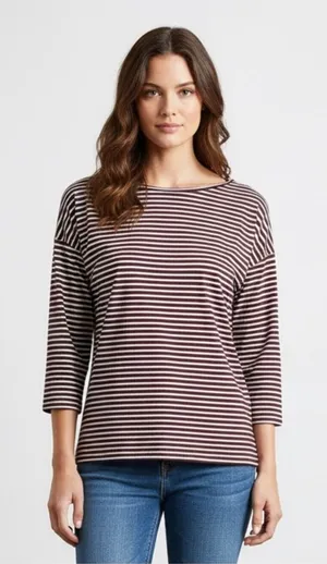 LOFT Ann Taylor Striped 3/4 Sleeve Boatneck Top Burgundy White Cotton Blend Sz M thumbnail 1