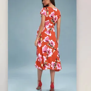 NWT Lulus Have Love Will Travel Coral Red Floral Gauze‎ Wrap Midi Dress Size XL thumbnail 3
